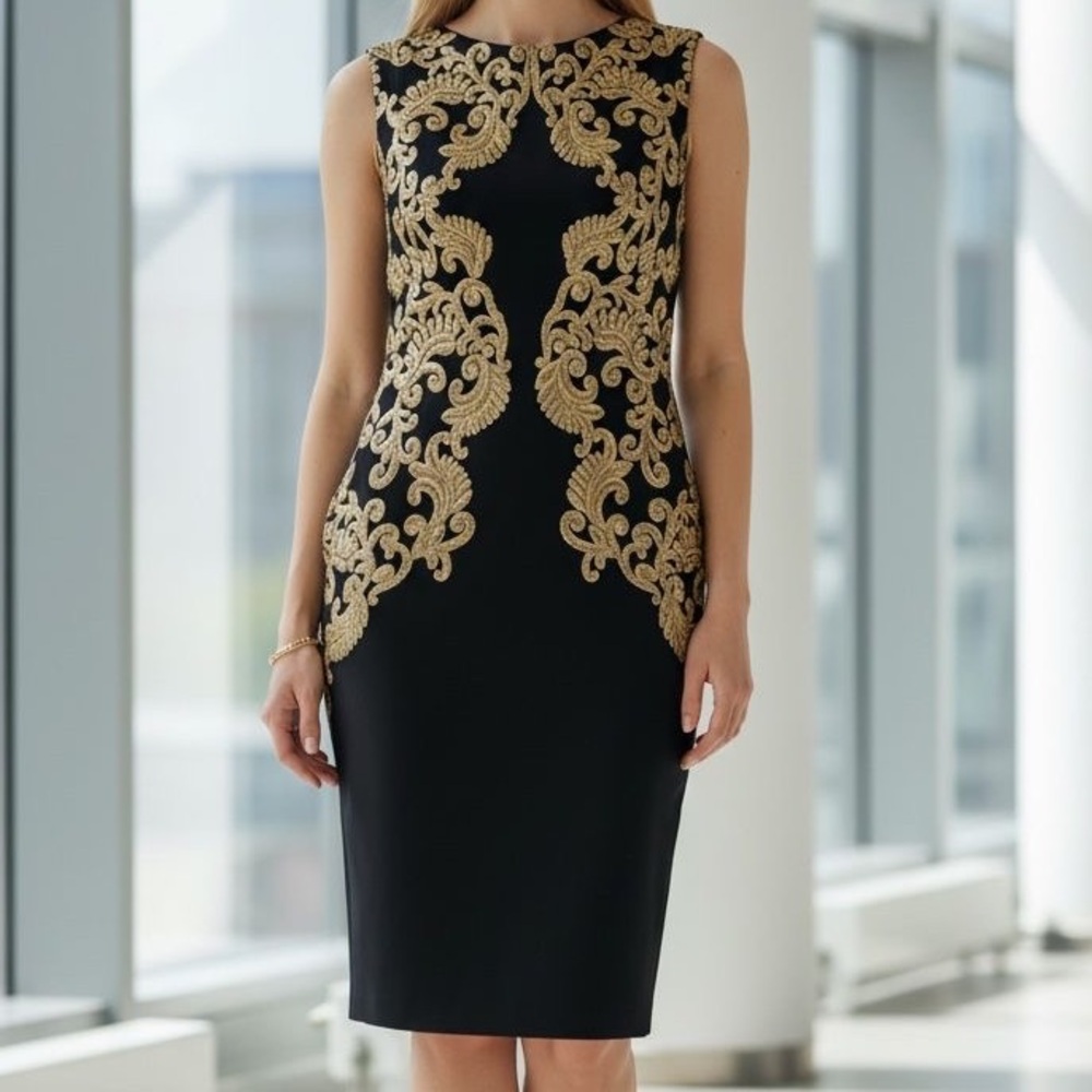 Tadashi Shoji Black Dress with Gold Embroidery